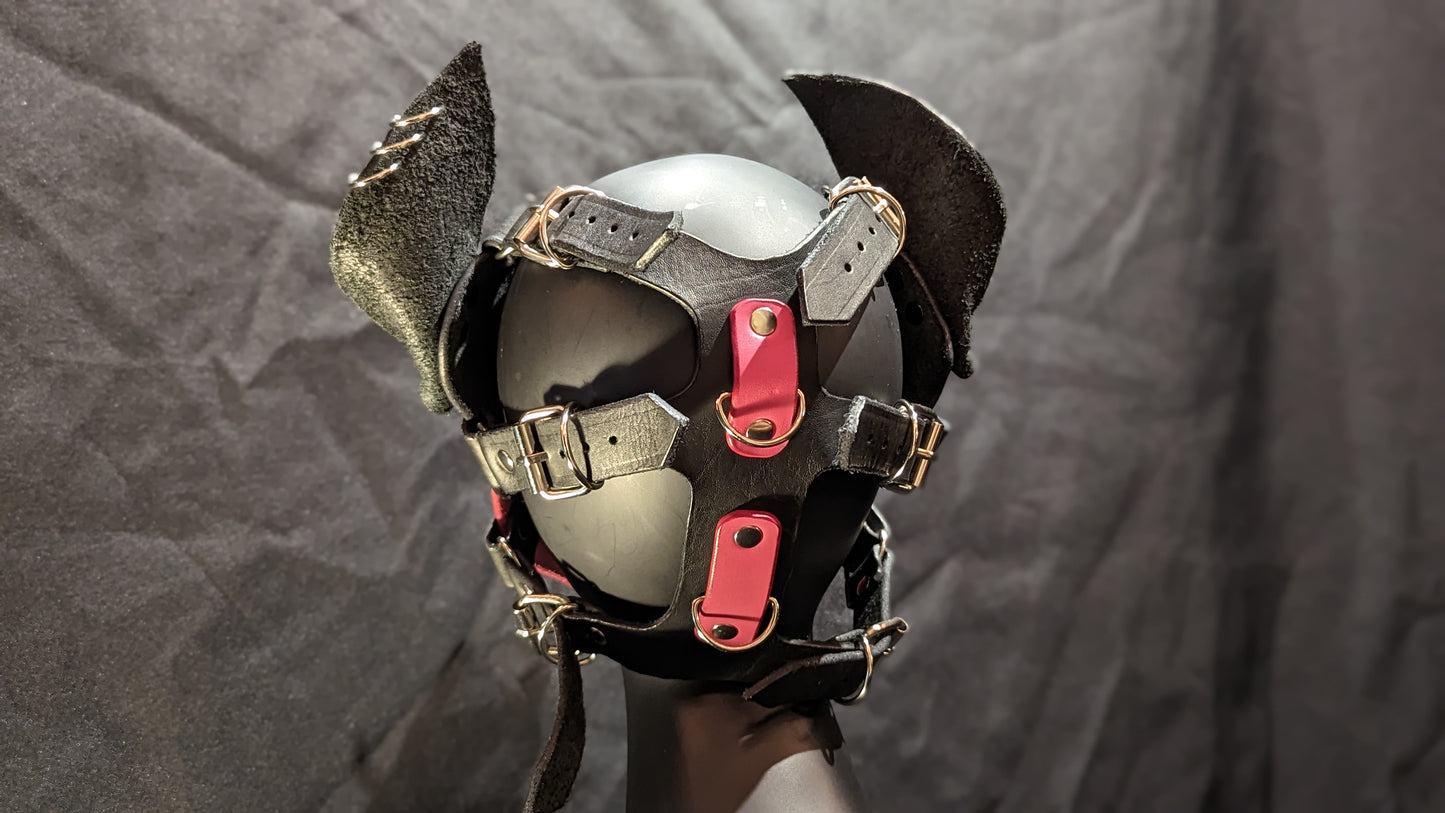 Handmade puphood with a black base color and bright bubblegum pink muzzle and eyebrow and 1 inch silver treecone spike whiskers.. You can see the back side of the hood in this image. it shows the 6 buckles in the back for adjustment.